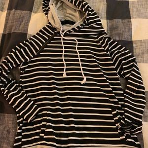 Black and White Striped Hoodie with Zipper Detail